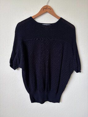 Magaschoni Sweater Womens Small Navy Blue Open Knit Diamond Dolman Sleeve Top S